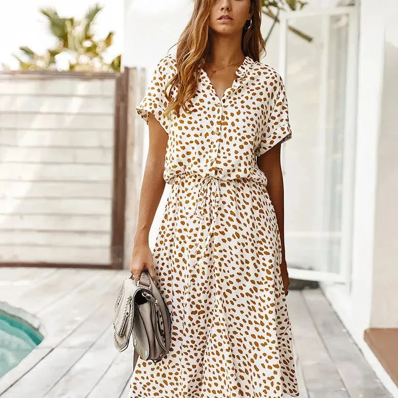 Dots Print White Dress Women Summer Short Sleeve Tunic Boho Midi Dresses