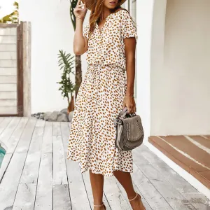 Dots Print White Dress Women Summer Short Sleeve Tunic Boho Midi Dresses