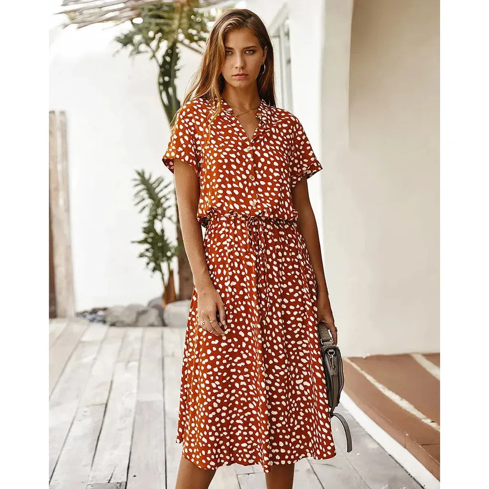 Dots Print White Dress Women Summer Short Sleeve Tunic Boho Midi Dresses