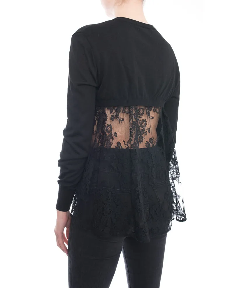 Erdem Tita Black Wool Knit Pullover with Sheer Lace Inset - S