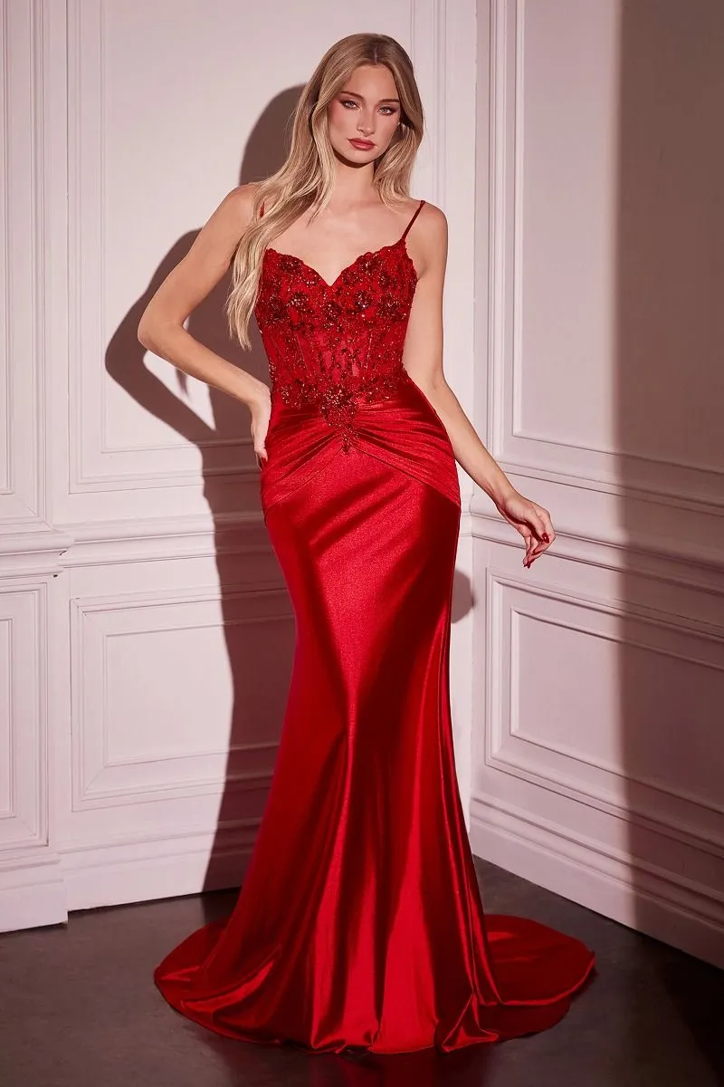 FITTED SATIN & LACE EMBELLISHED GOWN CDCD776