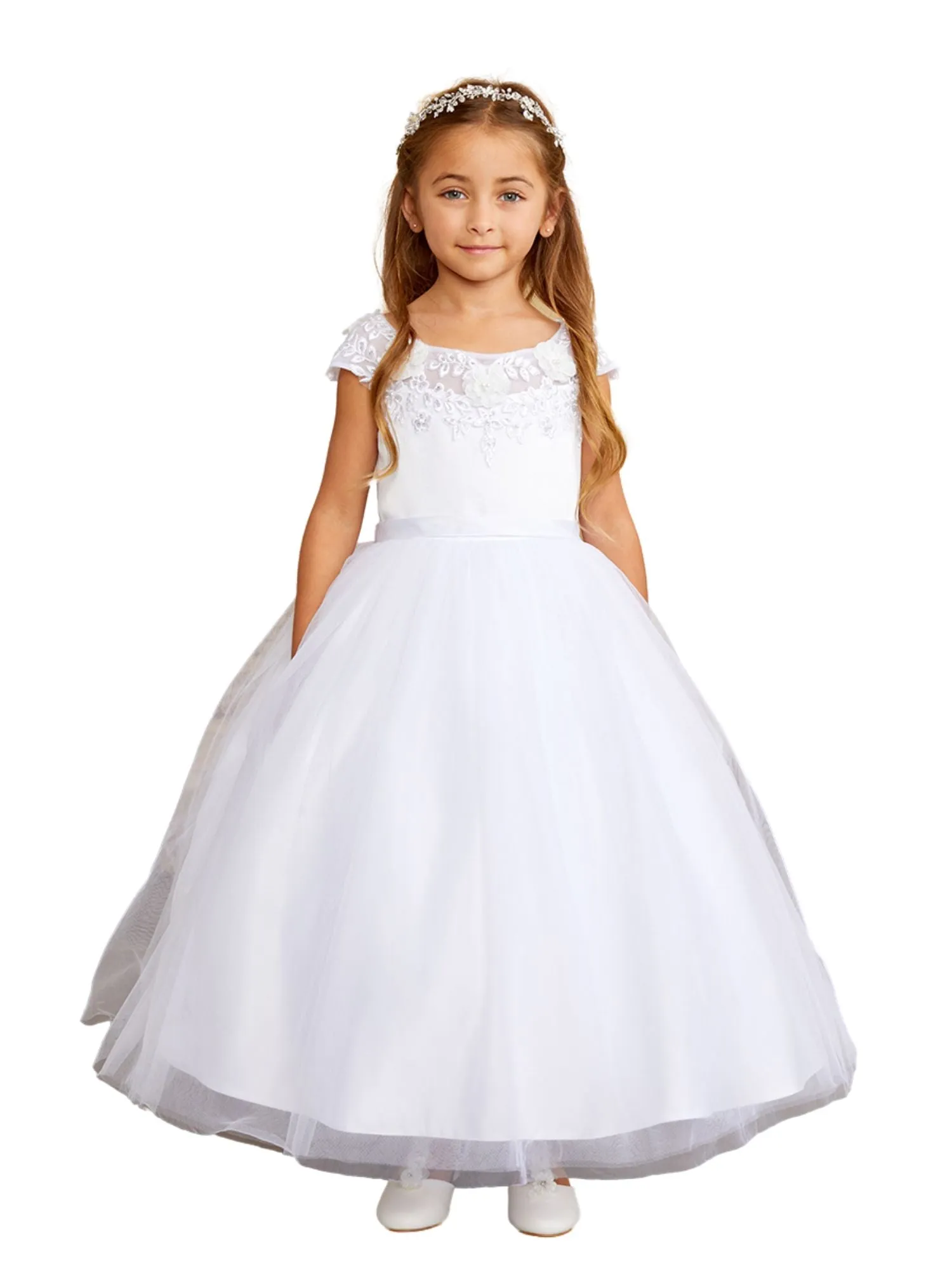 Girls Illusion Boat Neckline Lace Applique Communion Dress, Sizes 2-16