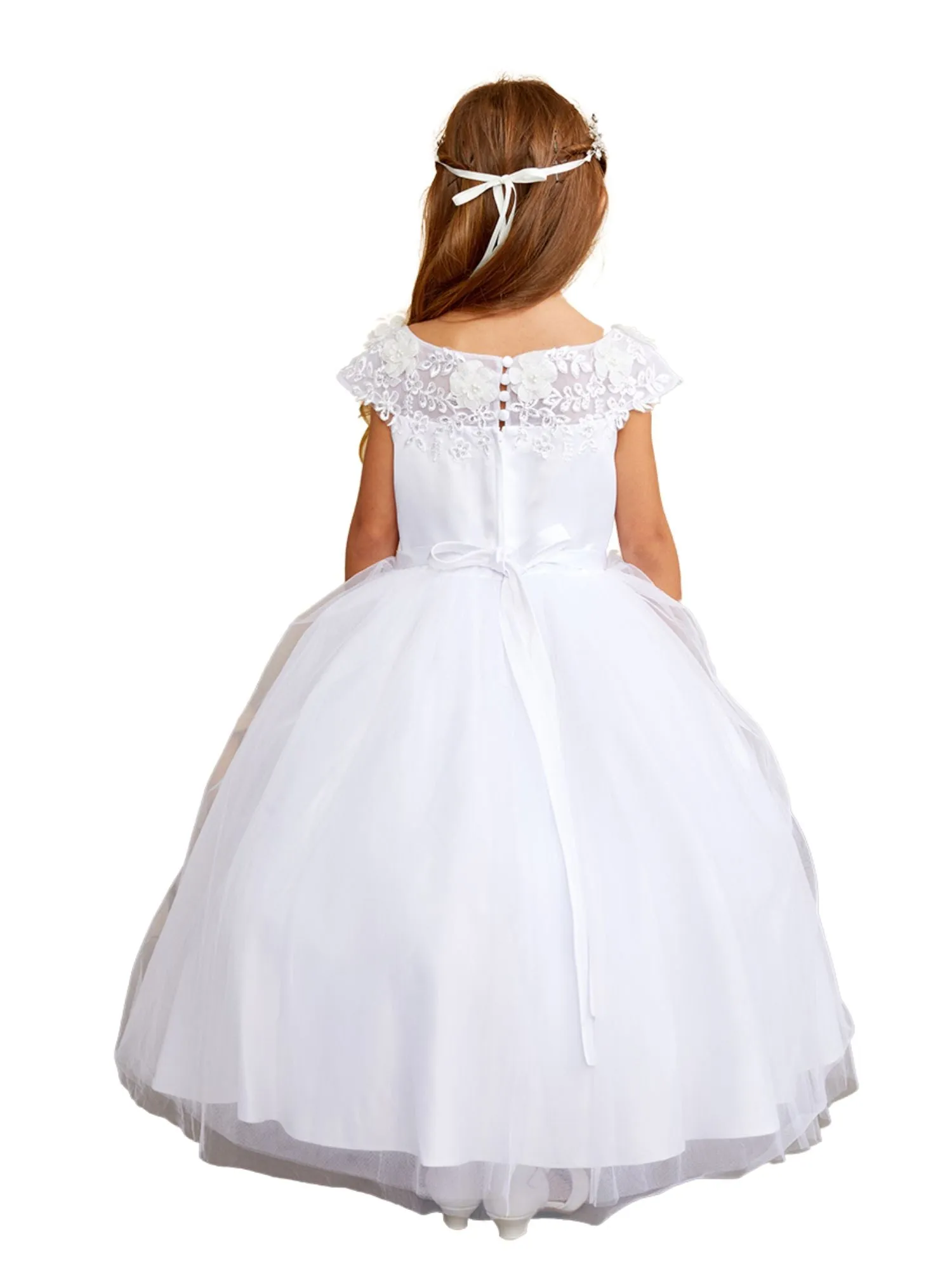 Girls Illusion Boat Neckline Lace Applique Communion Dress, Sizes 2-16