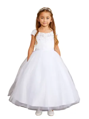 Girls Illusion Boat Neckline Lace Applique Communion Dress, Sizes 2-16