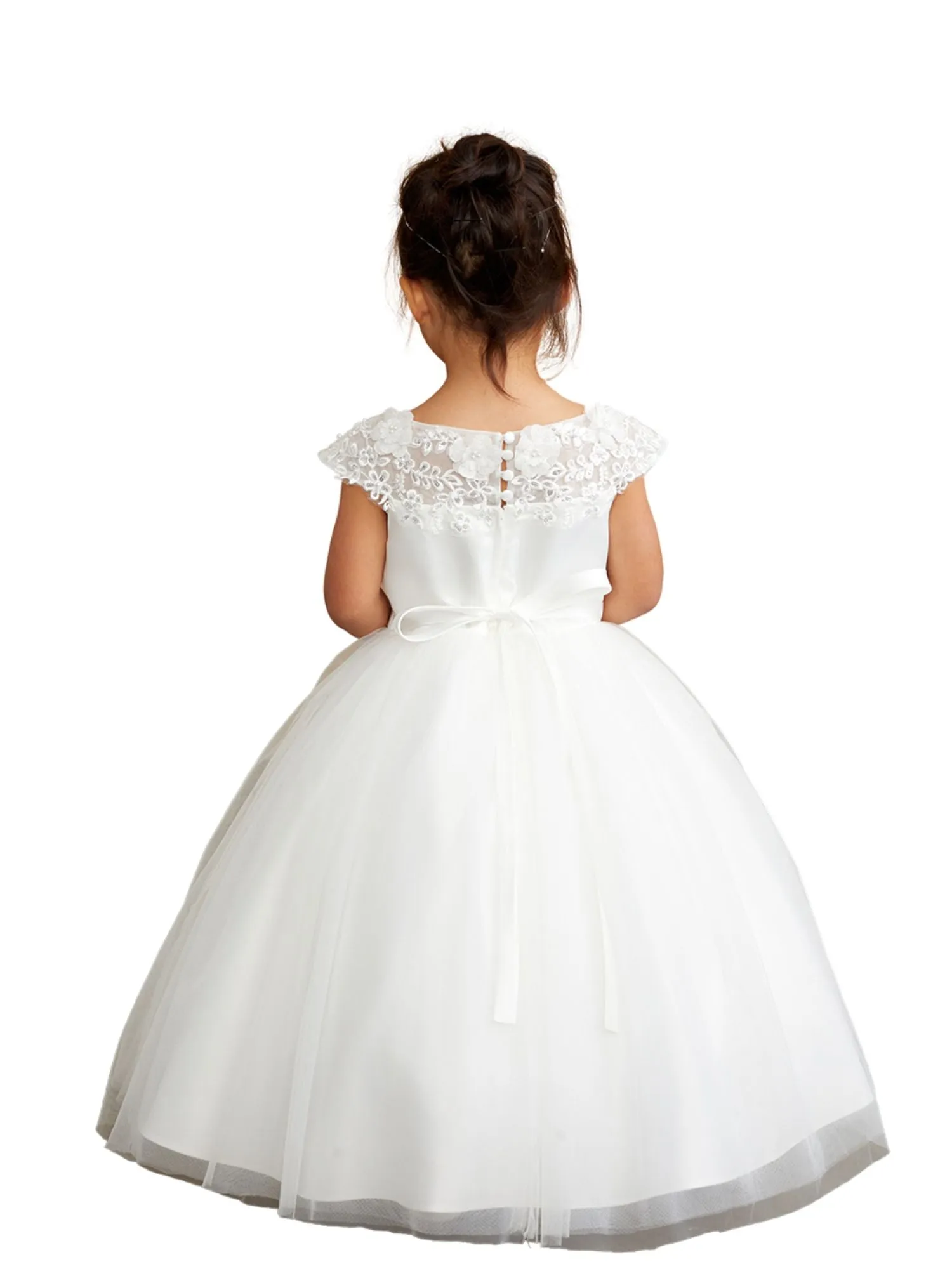 Girls Illusion Boat Neckline Lace Applique Communion Dress, Sizes 2-16