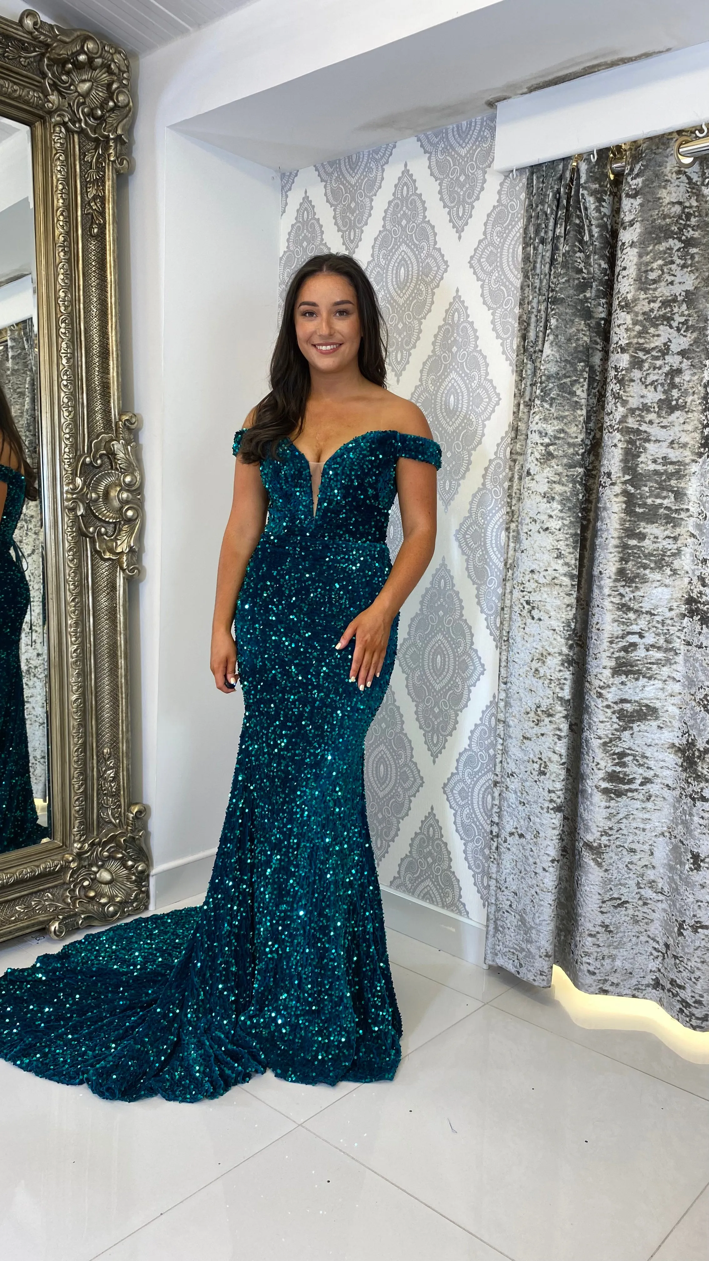 Green Sequin Bardot Evening Gown
