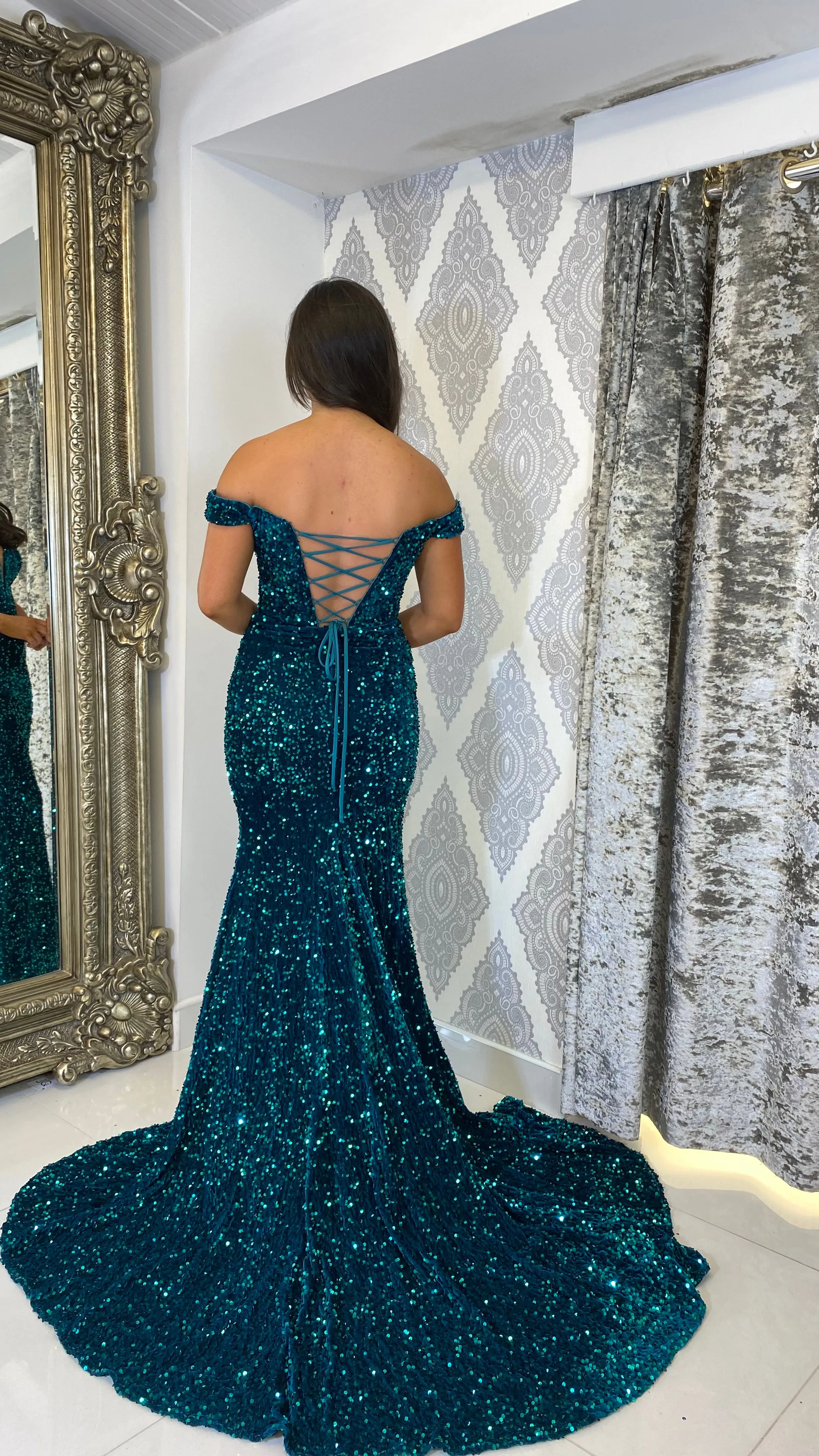 Green Sequin Bardot Evening Gown