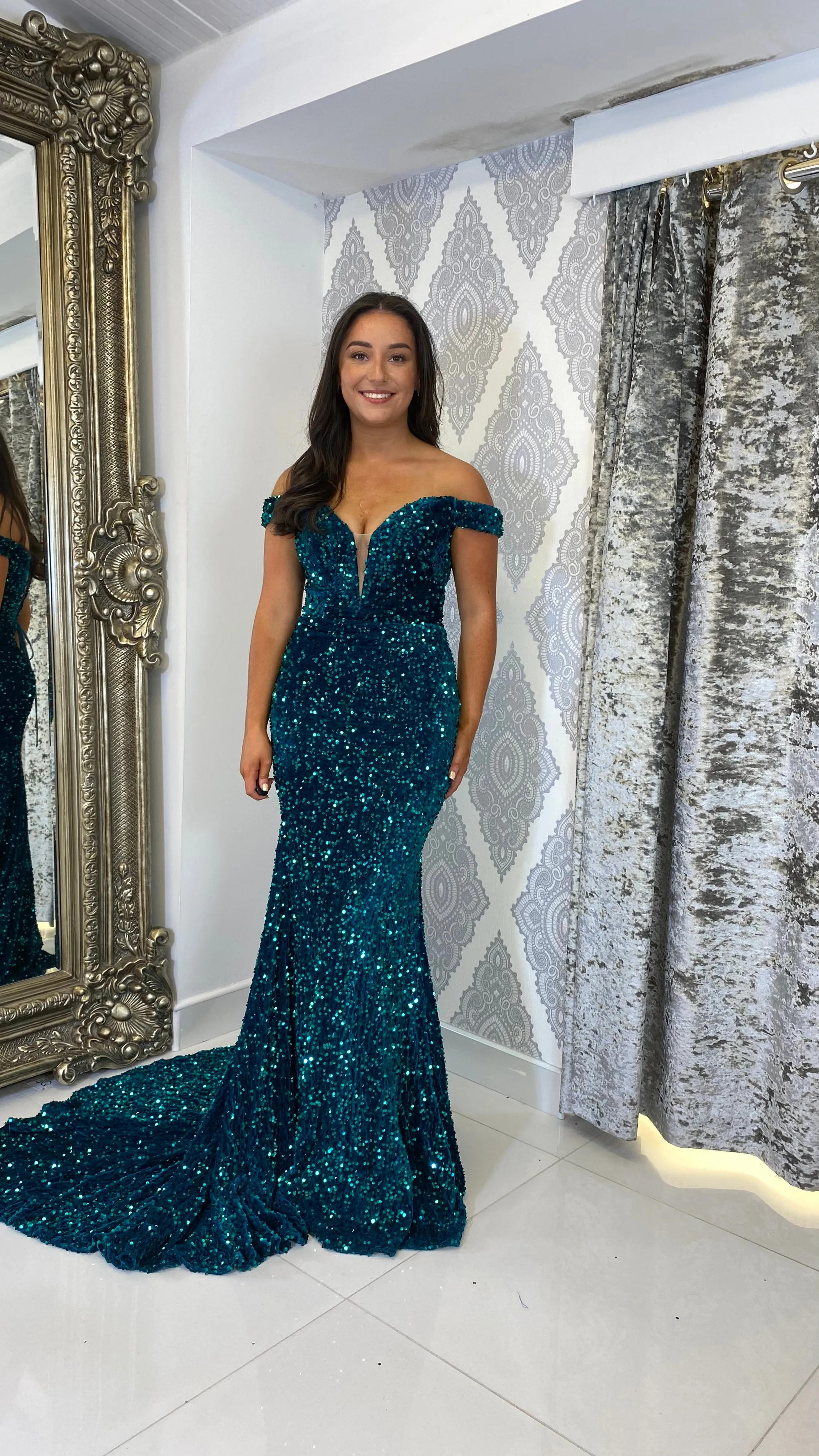 Green Sequin Bardot Evening Gown