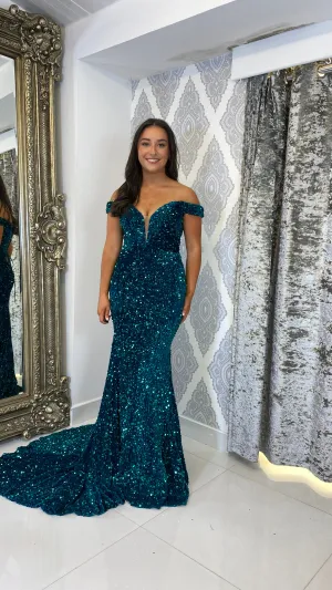 Green Sequin Bardot Evening Gown