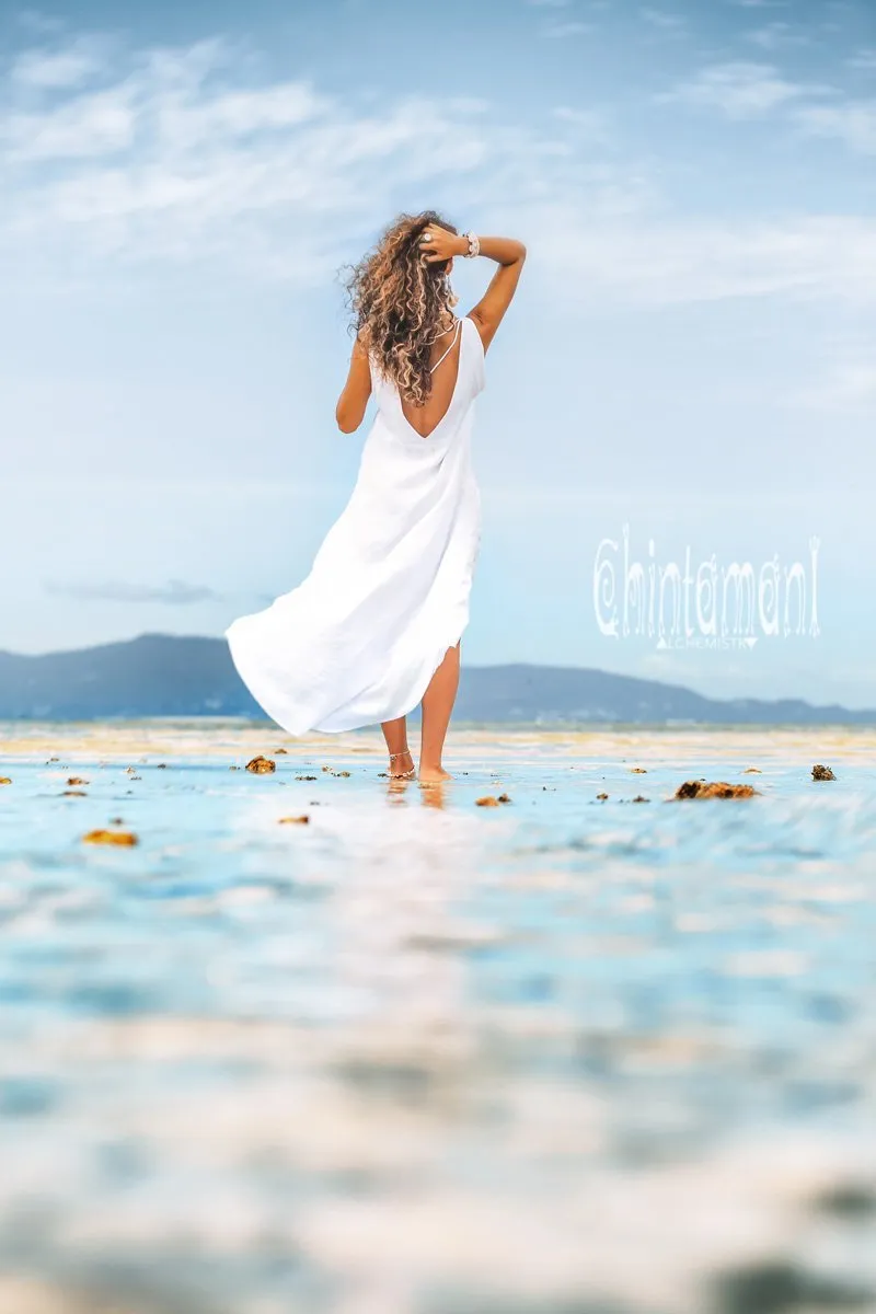 High Low Linen Maxi Dress with Open Back / White