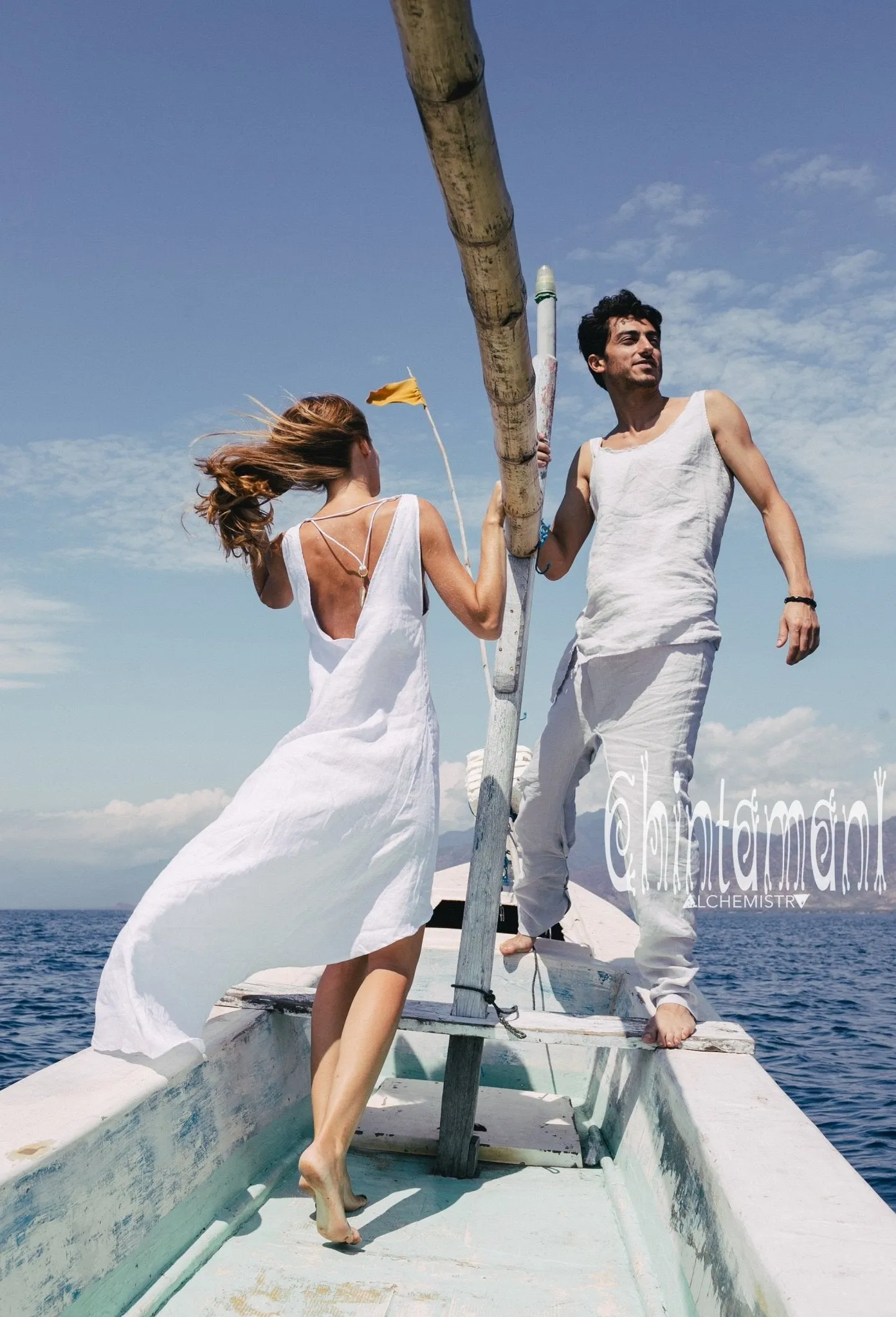 High Low Linen Maxi Dress with Open Back / White