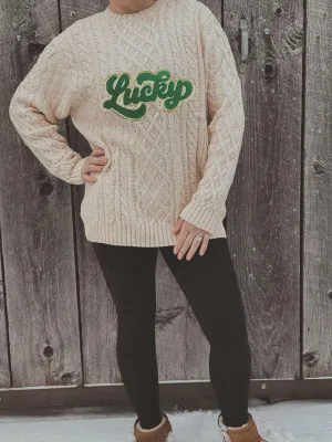 Irish Aran Style Knit Oversized Sweater - Lucky, Buffalo, Green, Navy, Black
