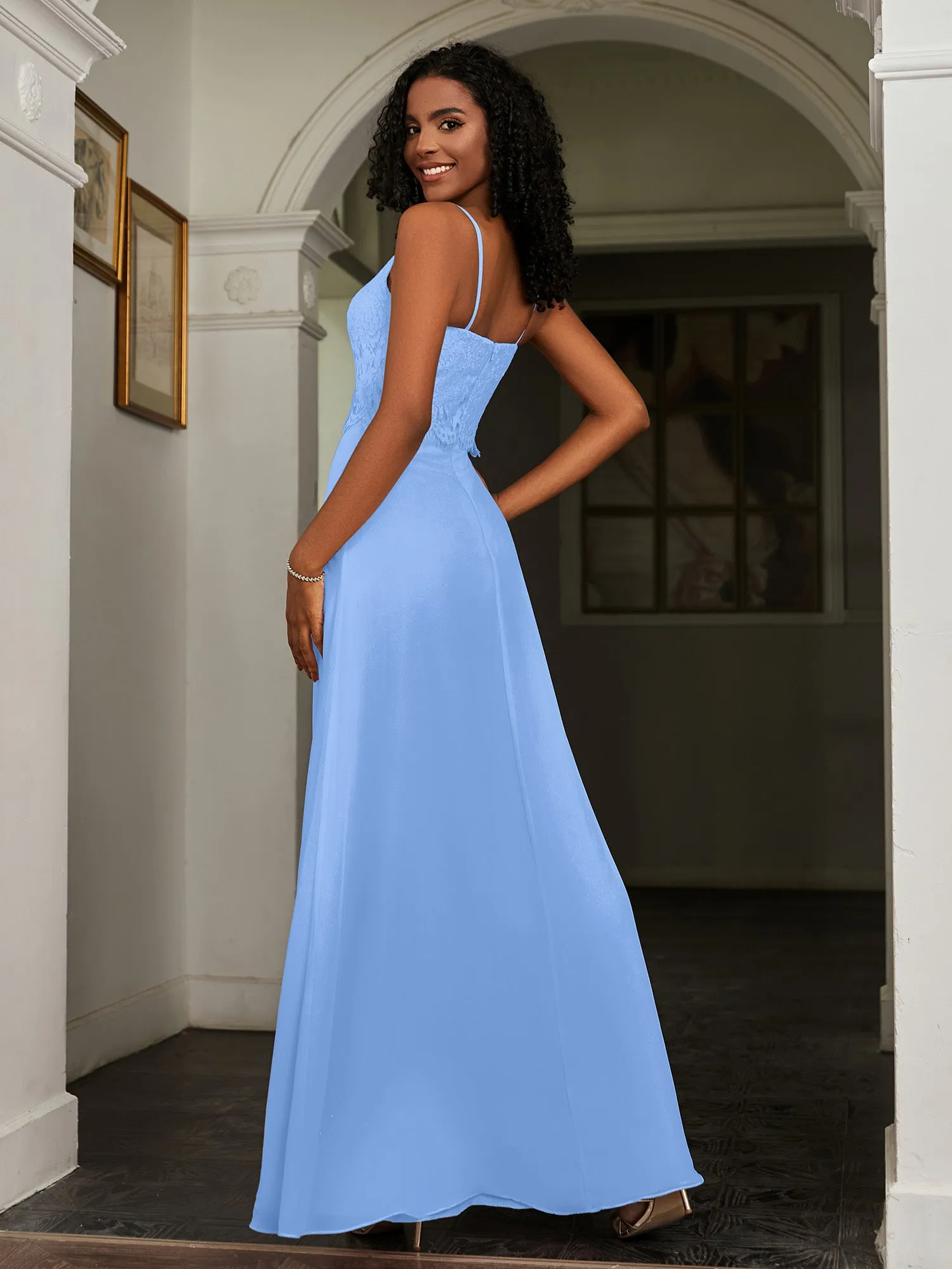 Lace Appliqued  Backless Chiffon A-Line Dress Blue