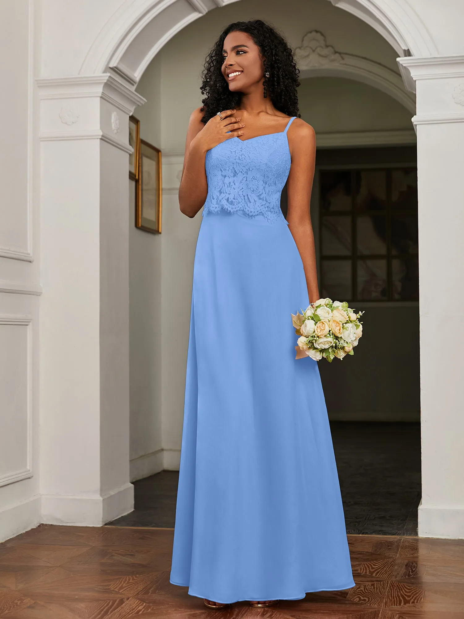 Lace Appliqued  Backless Chiffon A-Line Dress Blue