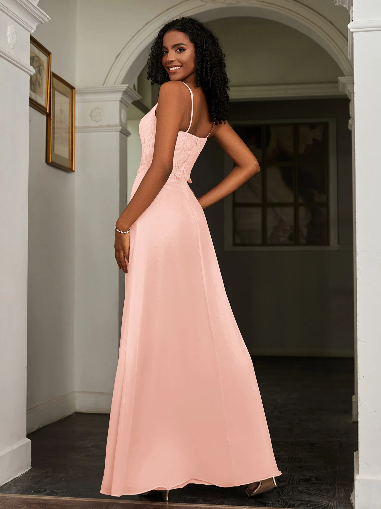 Lace Appliqued  Backless Chiffon A-Line Dress Coral