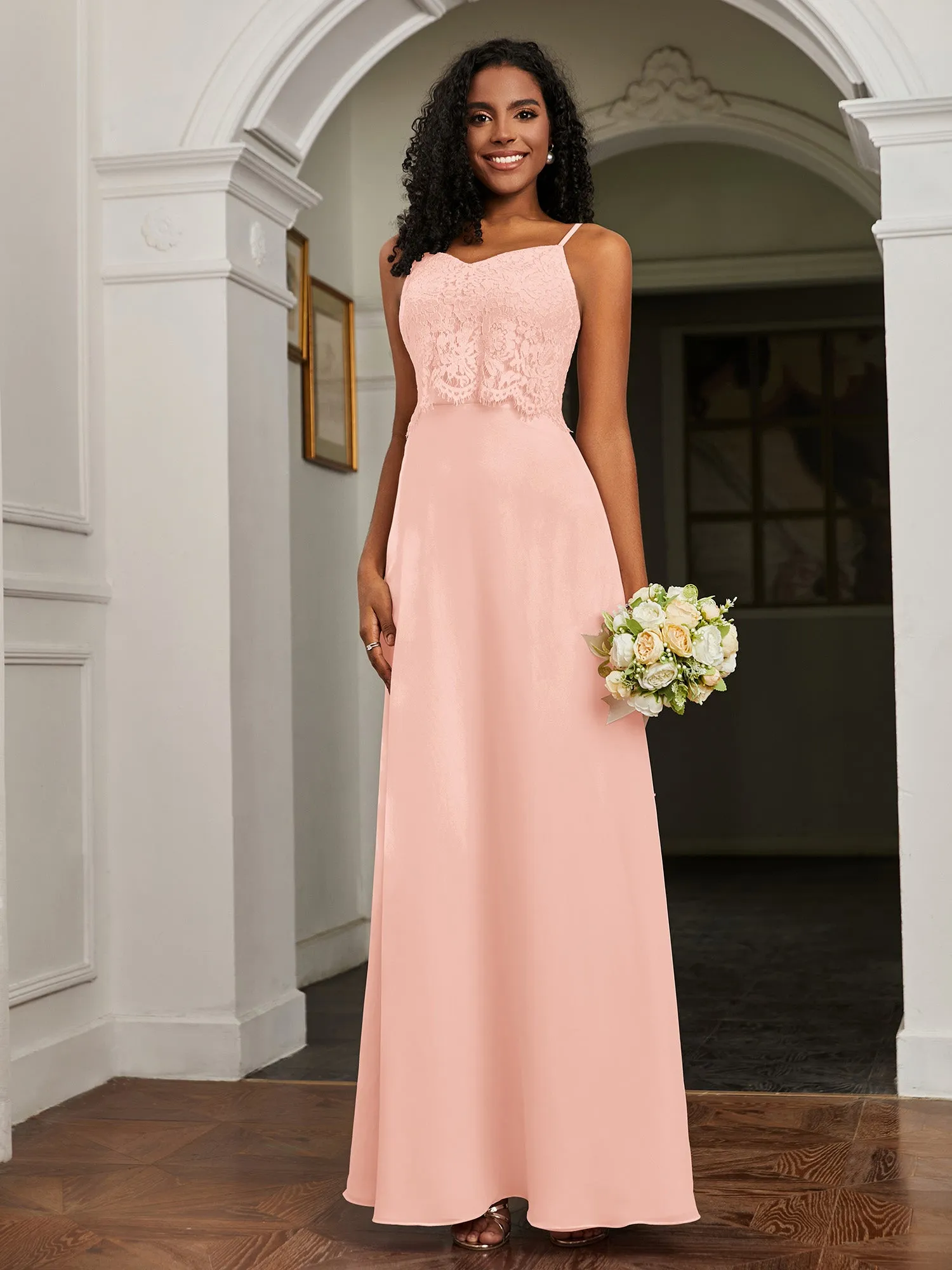Lace Appliqued  Backless Chiffon A-Line Dress Coral