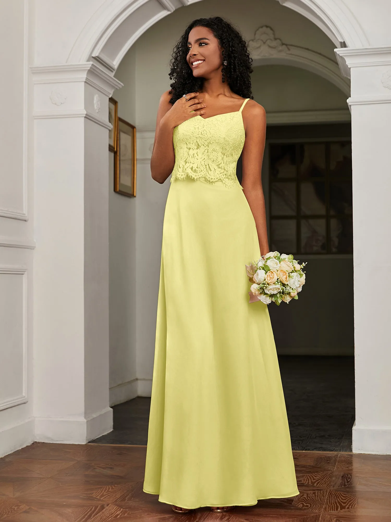 Lace Appliqued  Backless Chiffon A-Line Dress Daffodil