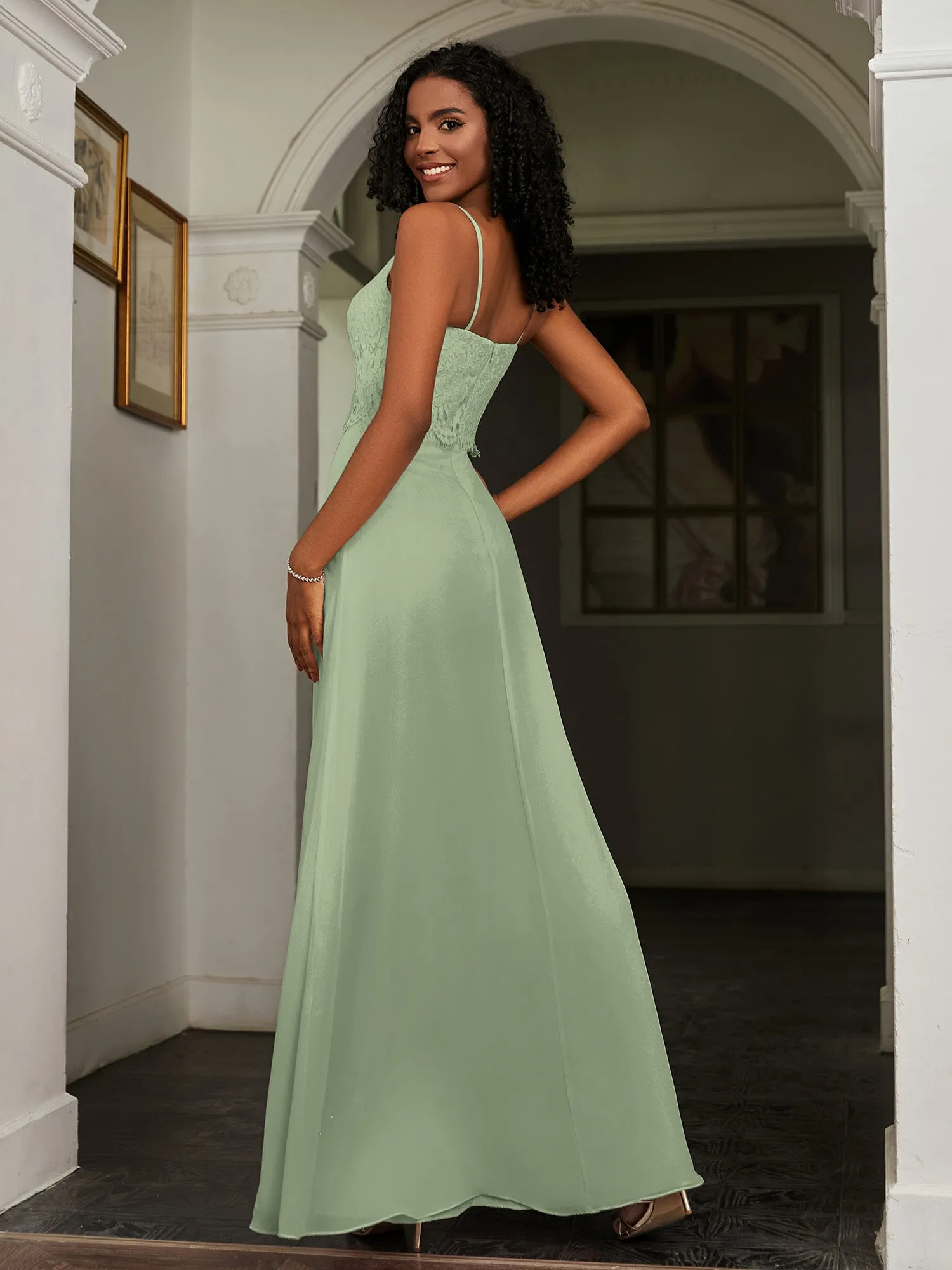 Lace Appliqued  Backless Chiffon A-Line Dress Dusty Sage Plus Size