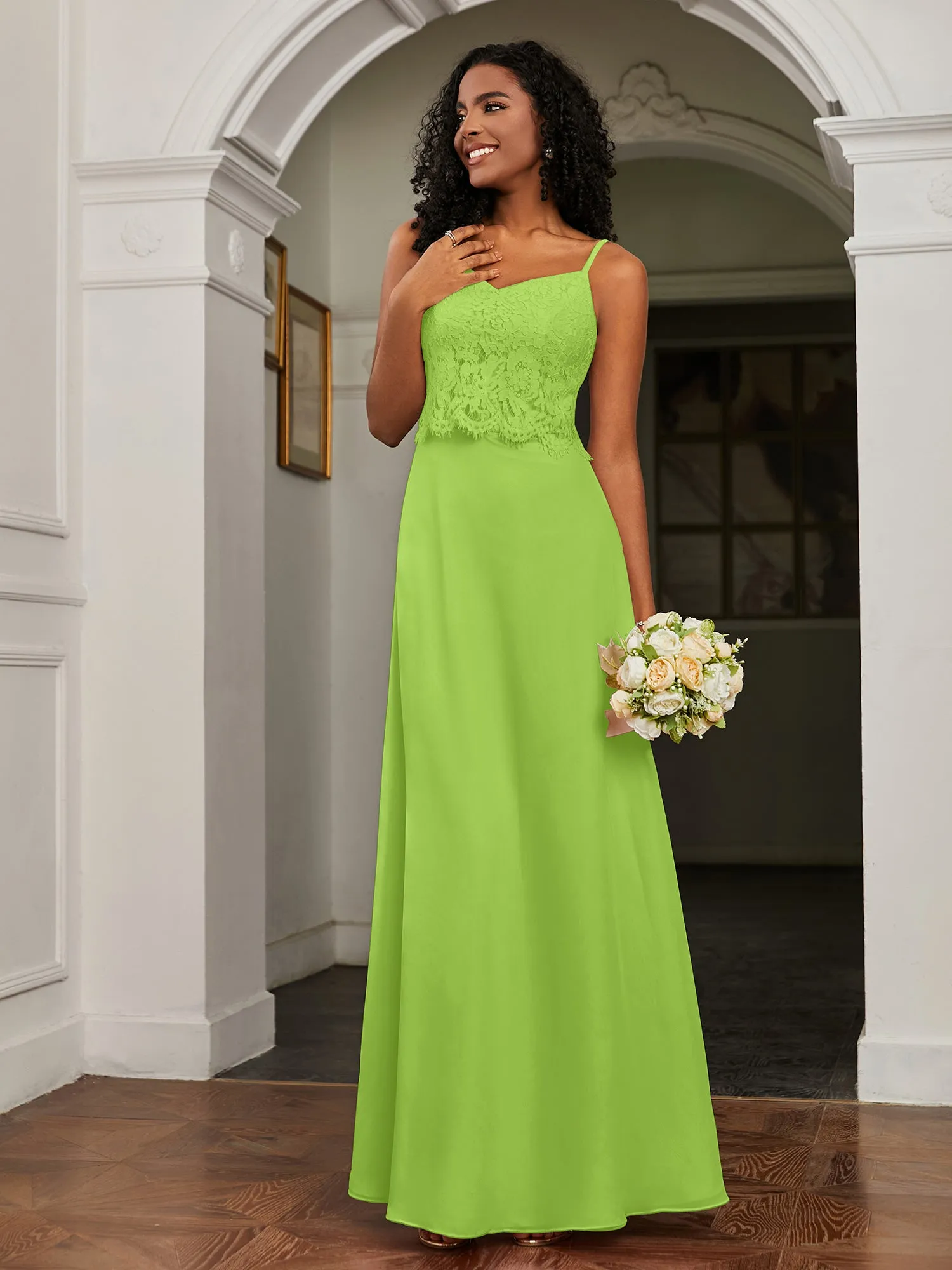 Lace Appliqued  Backless Chiffon A-Line Dress Lime Green