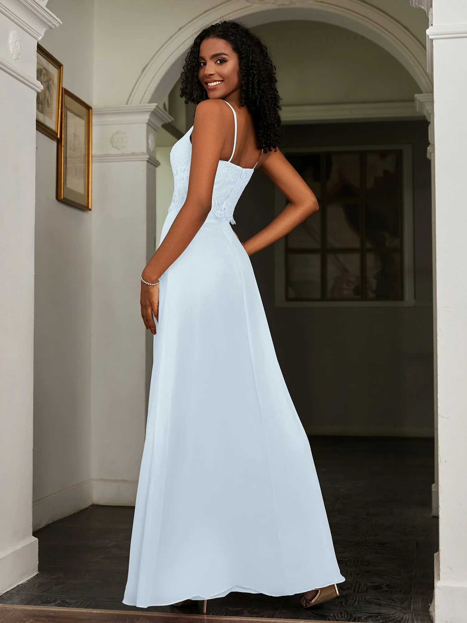 Lace Appliqued  Backless Chiffon A-Line Dress Mist