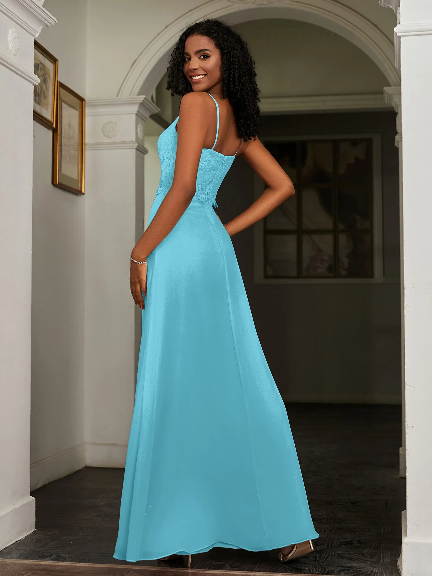 Lace Appliqued  Backless Chiffon A-Line Dress Pool