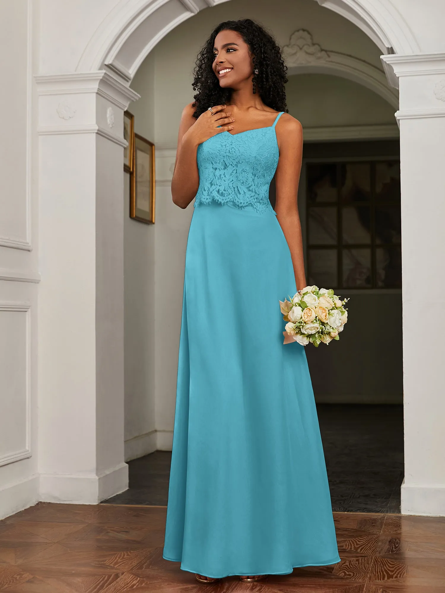 Lace Appliqued  Backless Chiffon A-Line Dress Pool
