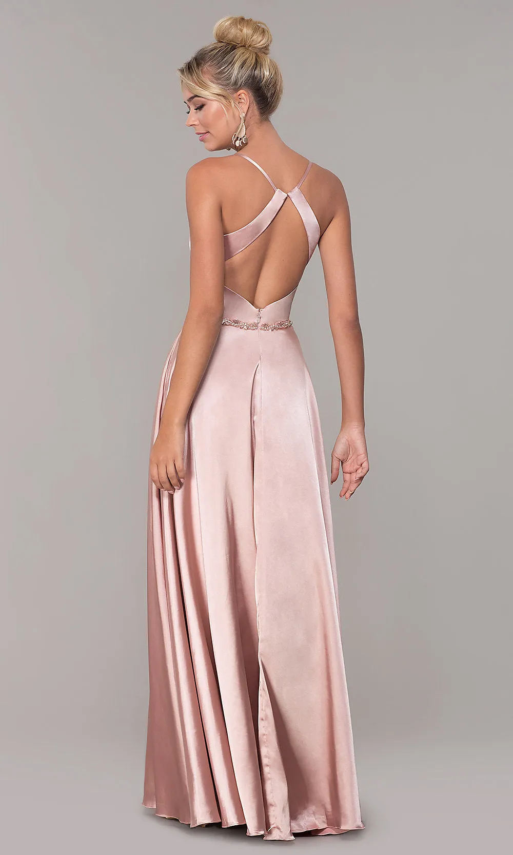 Long Faux-Wrap Satin Prom Dress with Slit