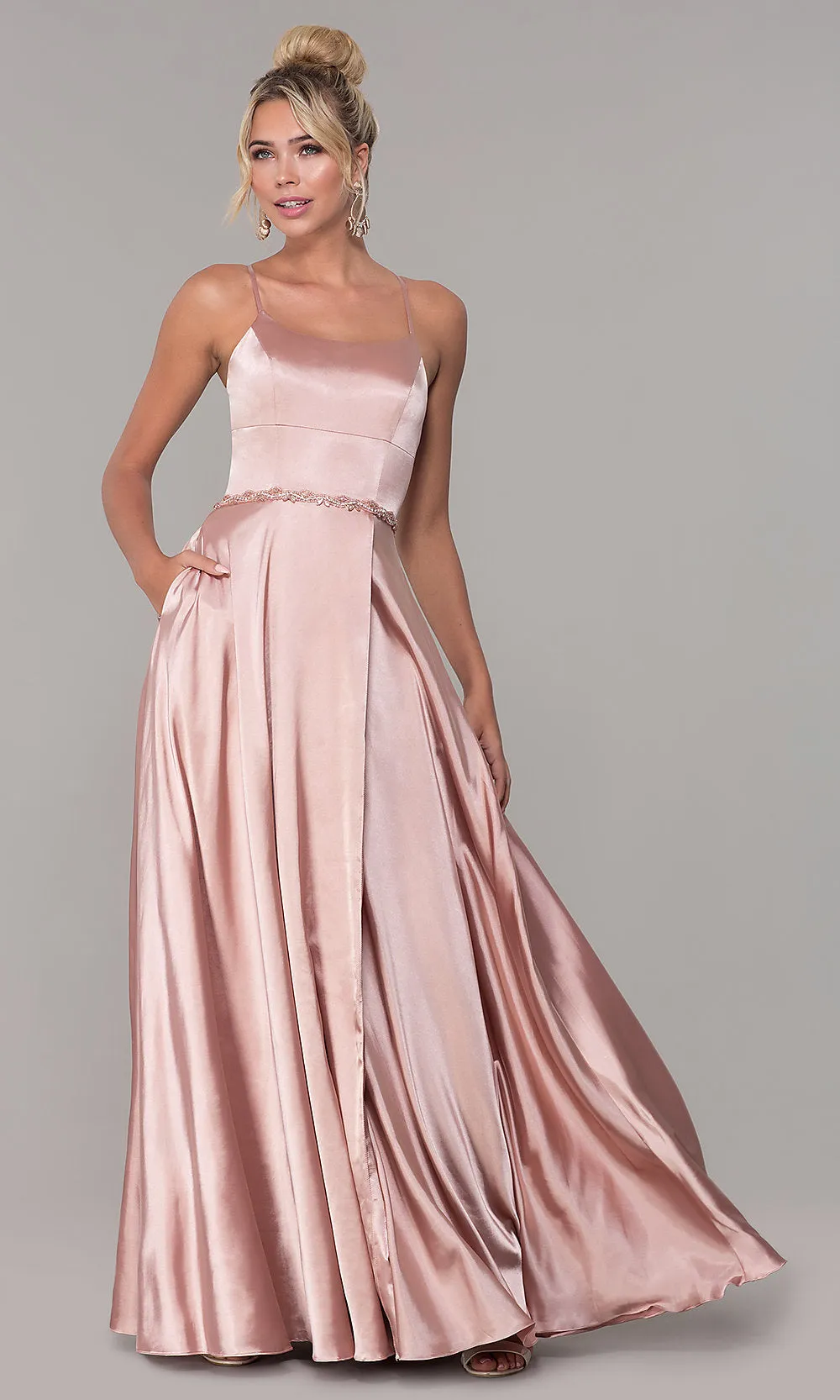 Long Faux-Wrap Satin Prom Dress with Slit