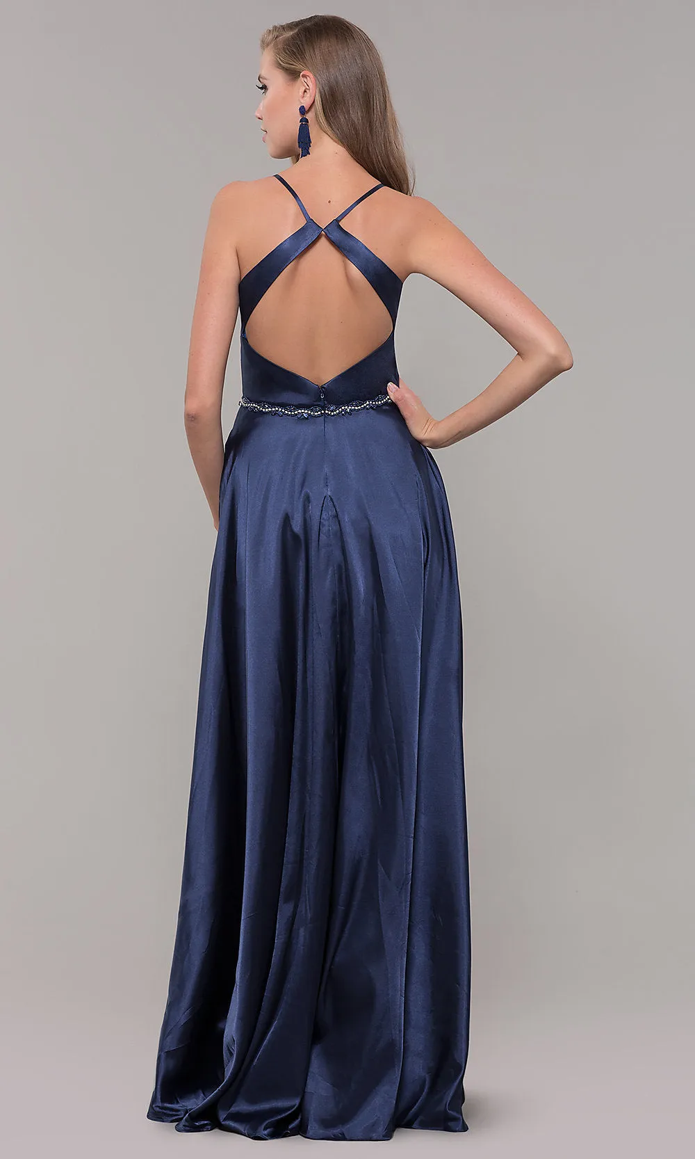 Long Faux-Wrap Satin Prom Dress with Slit