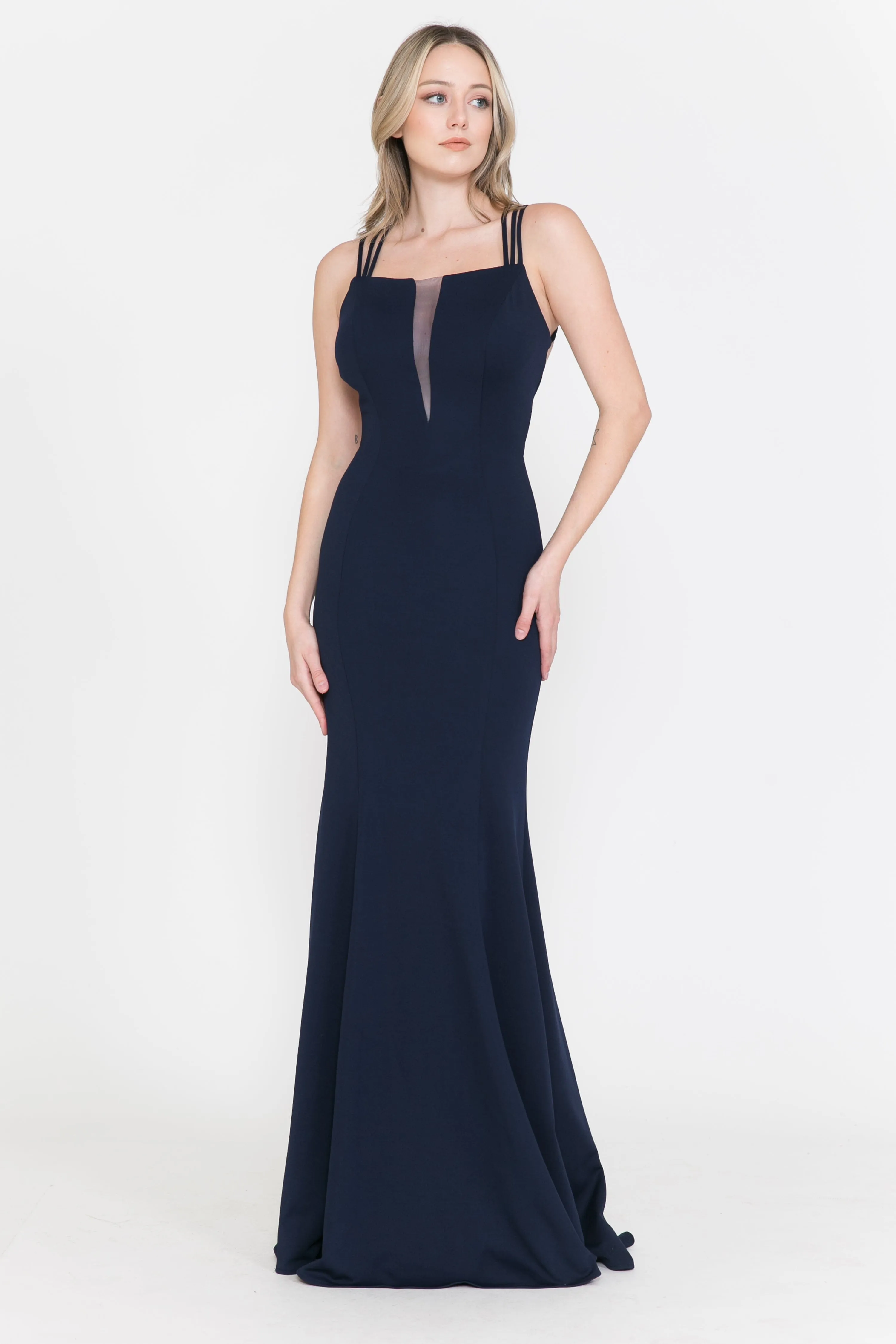 Long Strappy Open Back Dress with Illusion Panel by Poly USA 8468