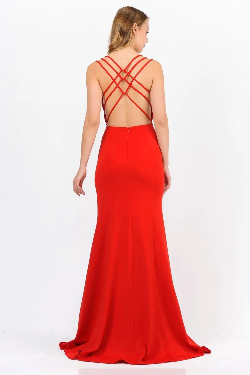 Long Strappy Open Back Dress with Illusion Panel by Poly USA 8468