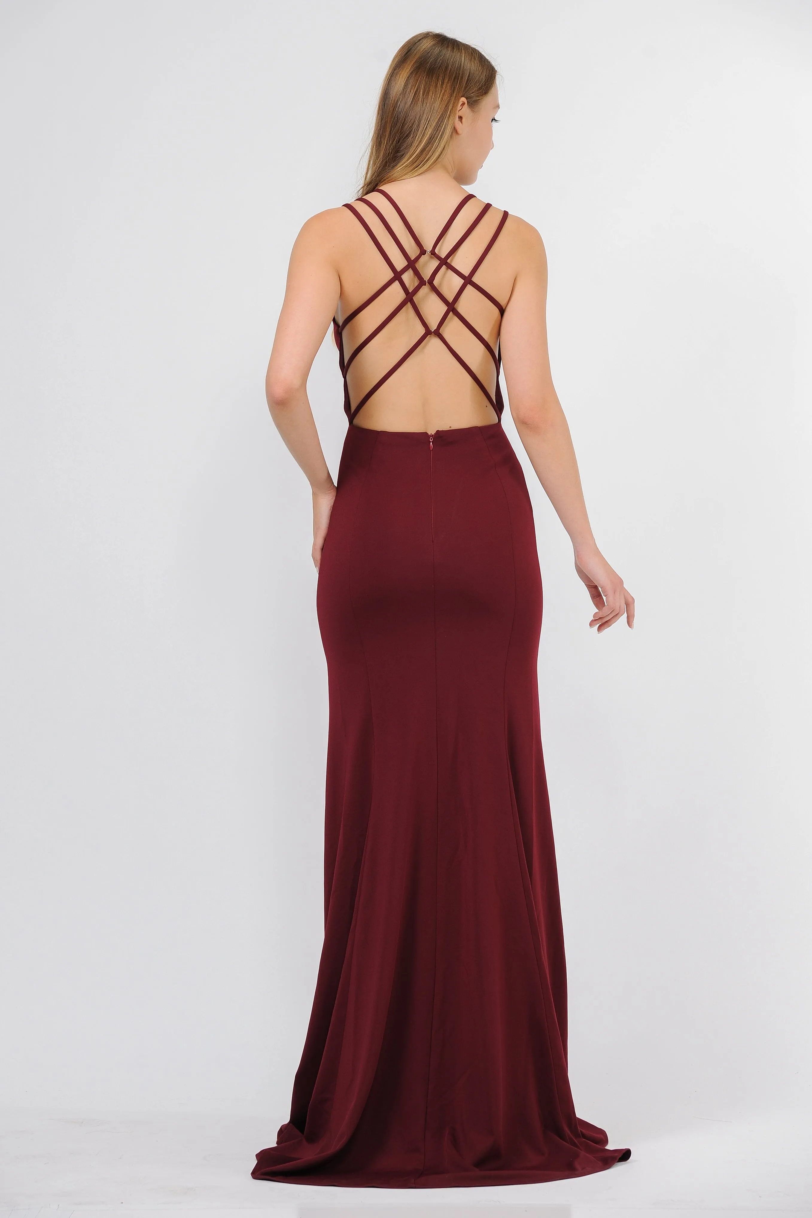 Long Strappy Open Back Dress with Illusion Panel by Poly USA 8468