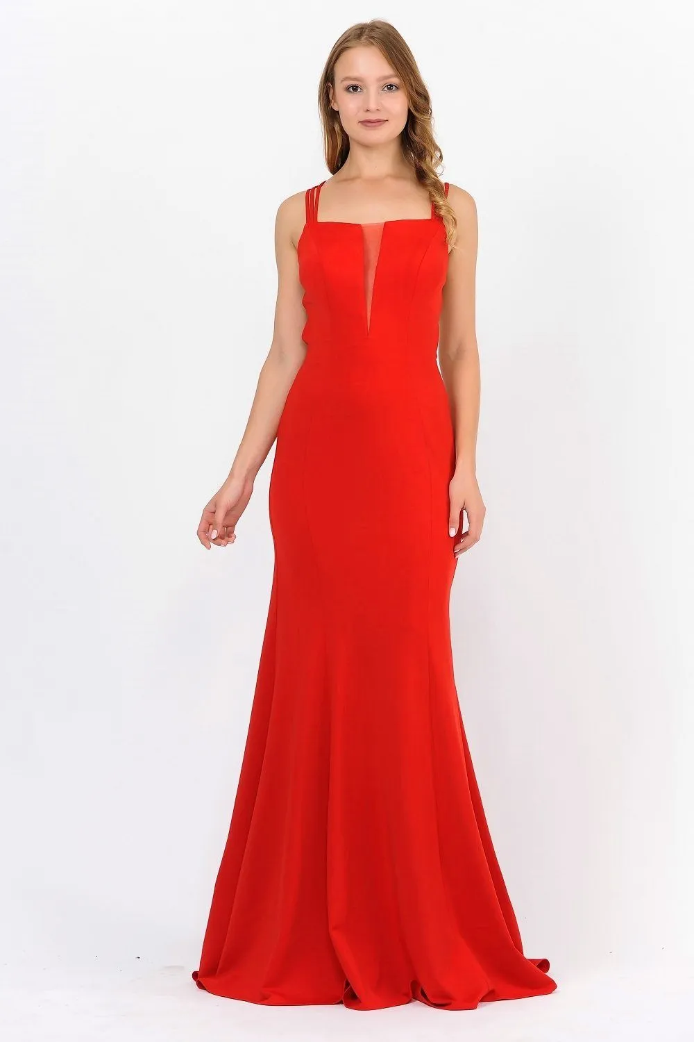 Long Strappy Open Back Dress with Illusion Panel by Poly USA 8468