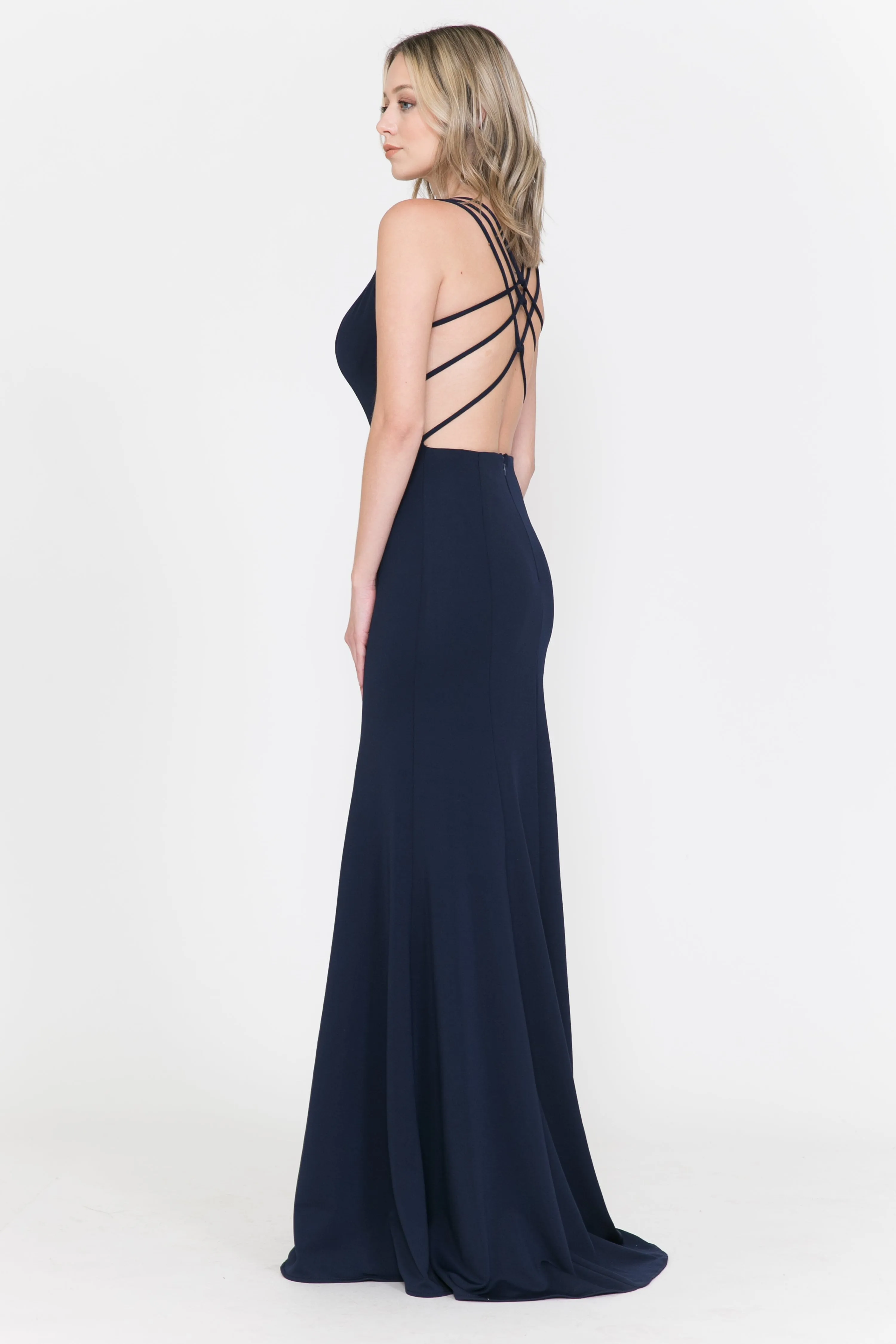 Long Strappy Open Back Dress with Illusion Panel by Poly USA 8468