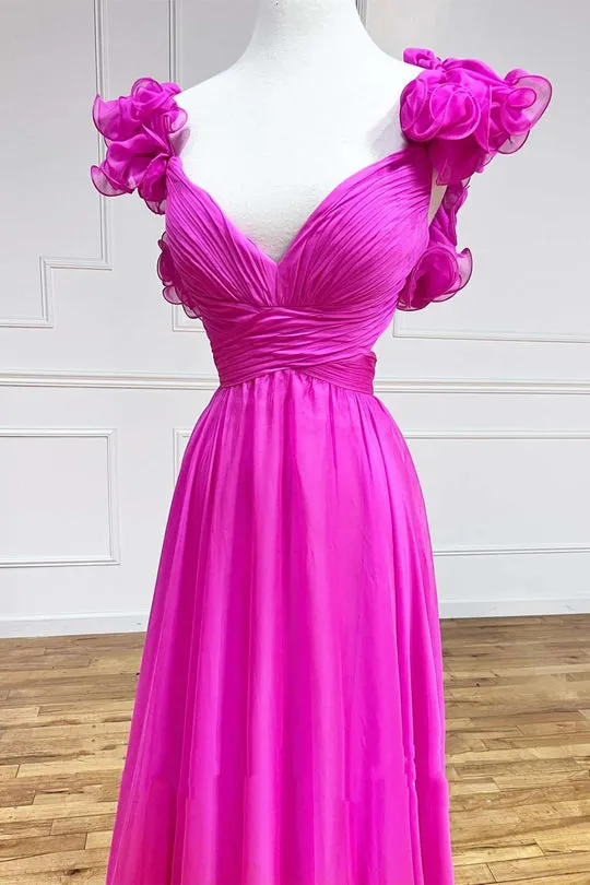 Luolandi A Line V-Neck Ruffle Belted Long Prom Dresses Chiffon Evening Dresses Floor Length