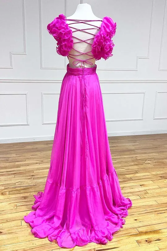 Luolandi A Line V-Neck Ruffle Belted Long Prom Dresses Chiffon Evening Dresses Floor Length