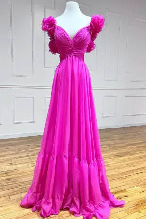 Luolandi A Line V-Neck Ruffle Belted Long Prom Dresses Chiffon Evening Dresses Floor Length