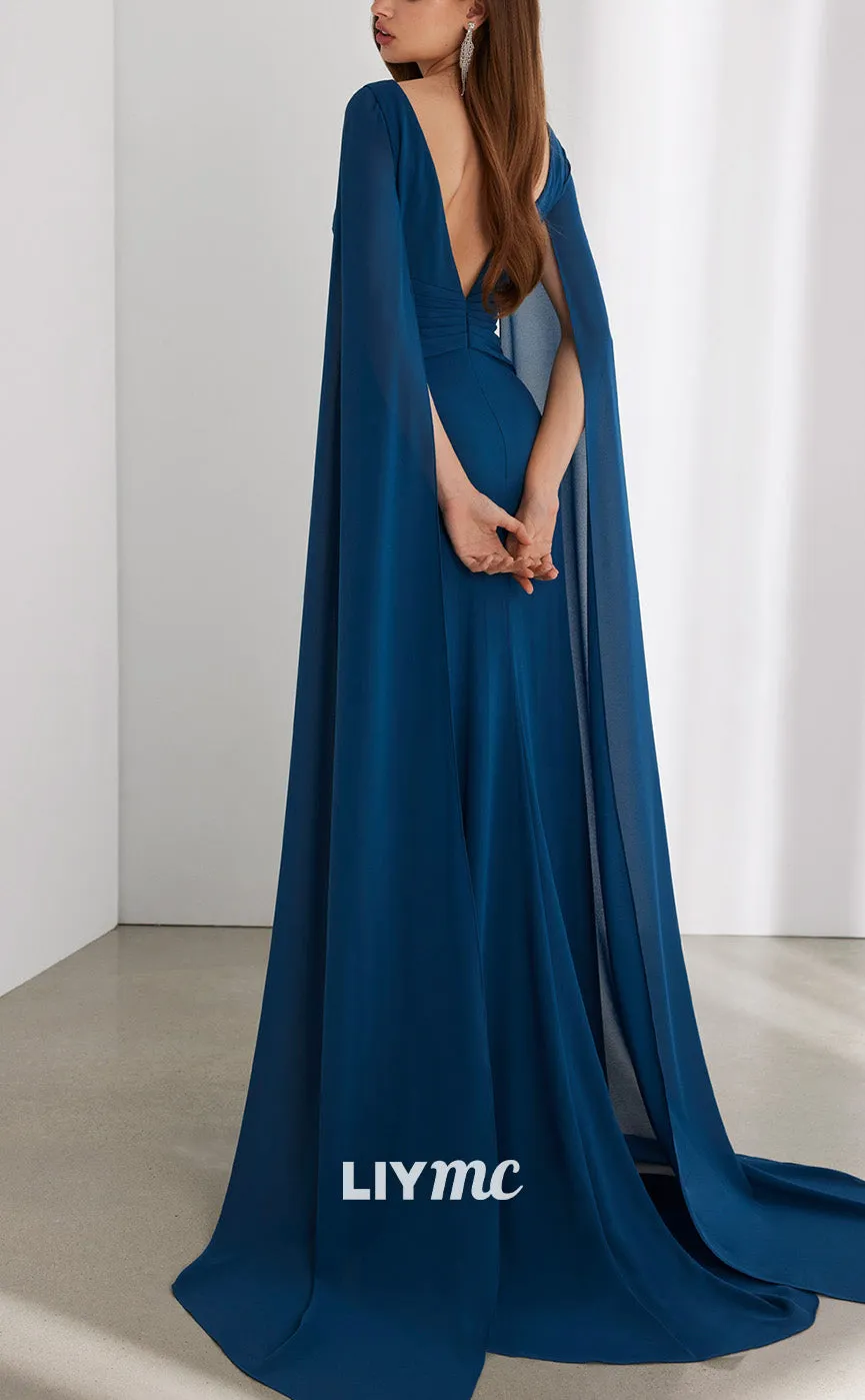 M1226 - Scoop Long Sleeves High Slit Chiffon Backless Mother of Bride Dress Cocktail Dress