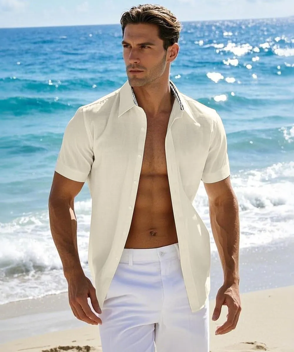 Men's Linen Shirt Short Sleeve Casual Button Down Shirt for Men Summer Holiday Beach Shirt