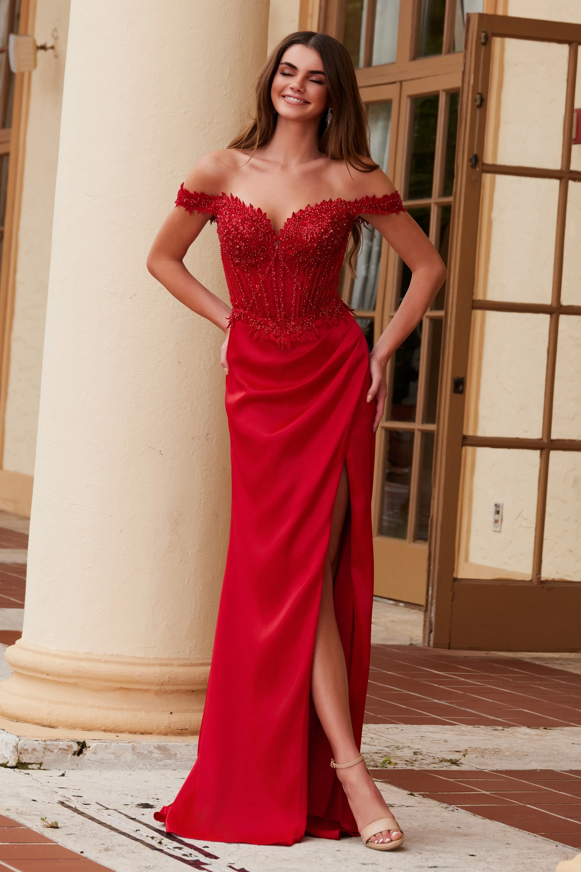 NOX ANABEL F1572 Satin Sweetheart Sequin Applique Boned Dress