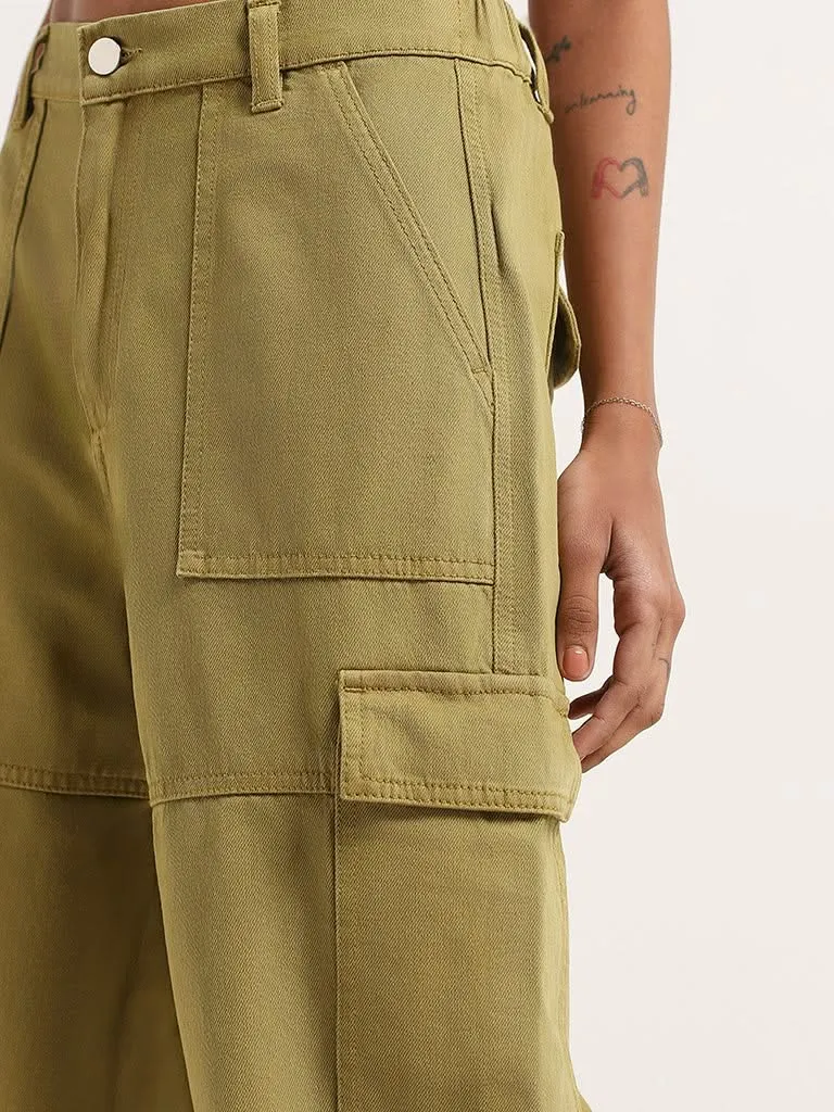 Nuon Olive Denim High Rise Relaxed Fit Cargo Jeans