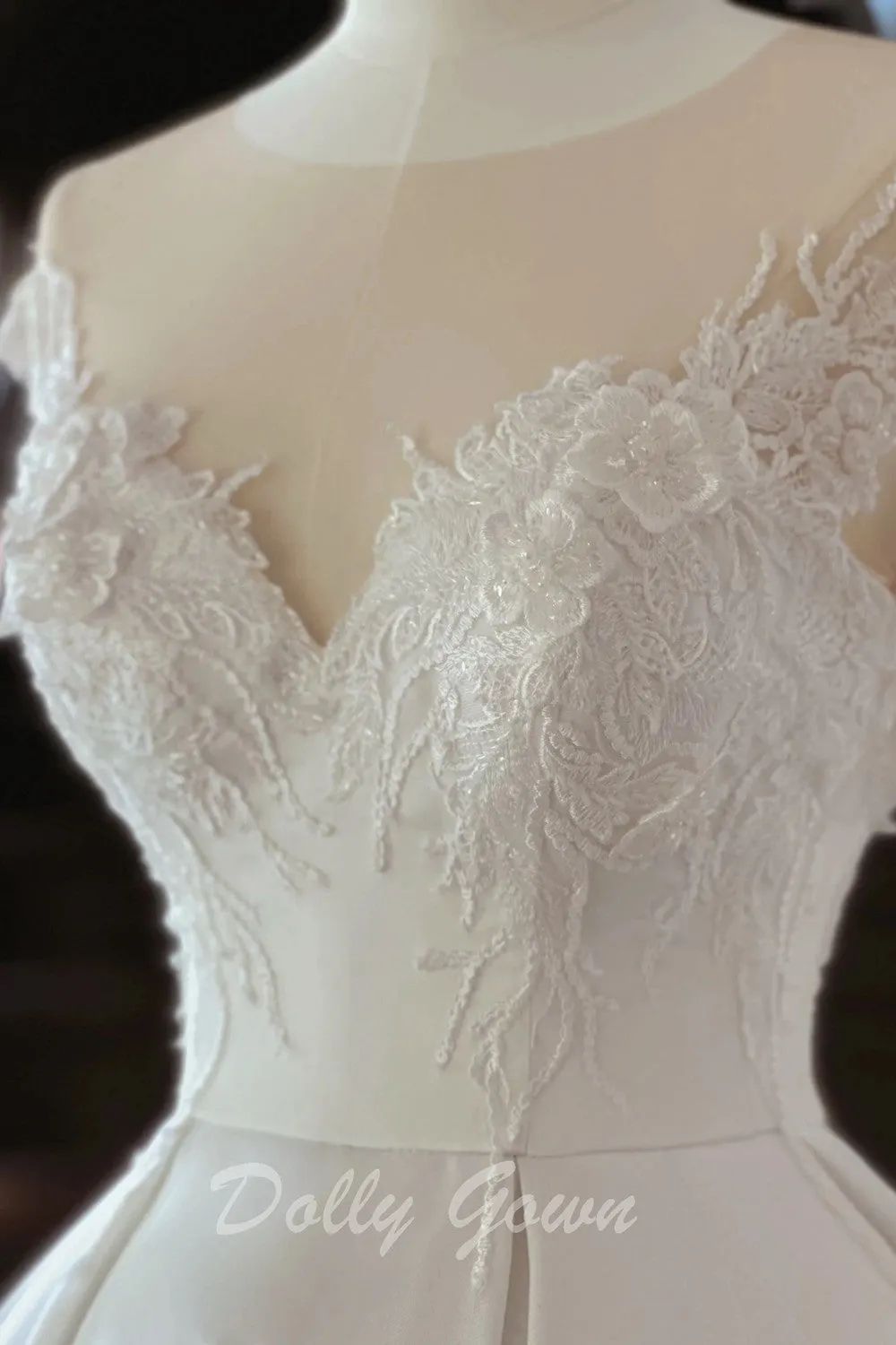 Open Back Illusion Neck Satin Bridal Wedding Dress