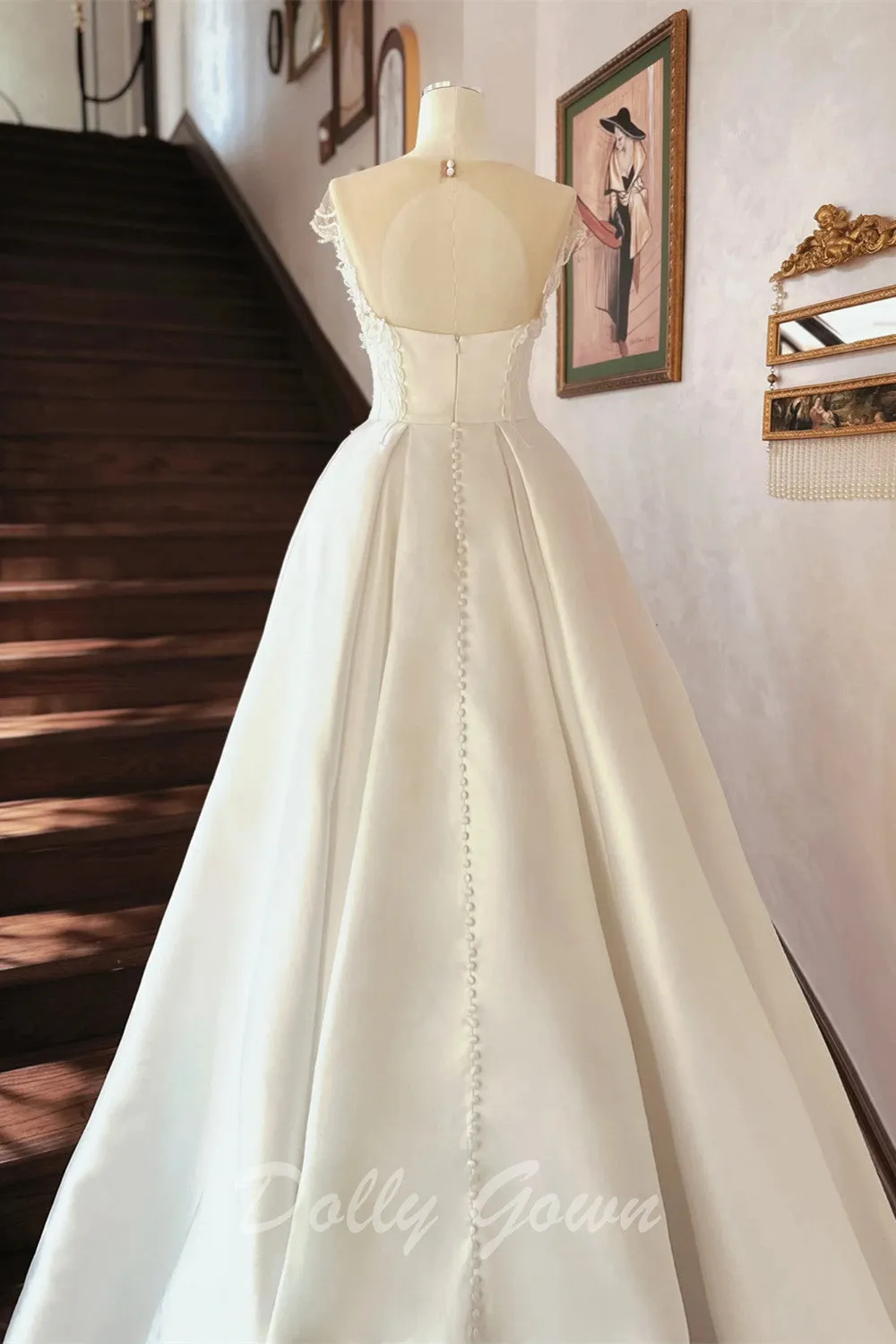 Open Back Illusion Neck Satin Bridal Wedding Dress