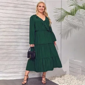 Plus Size A-Line Long Sleeve Ruffles V-Neck Casual Boho Maxi Dress