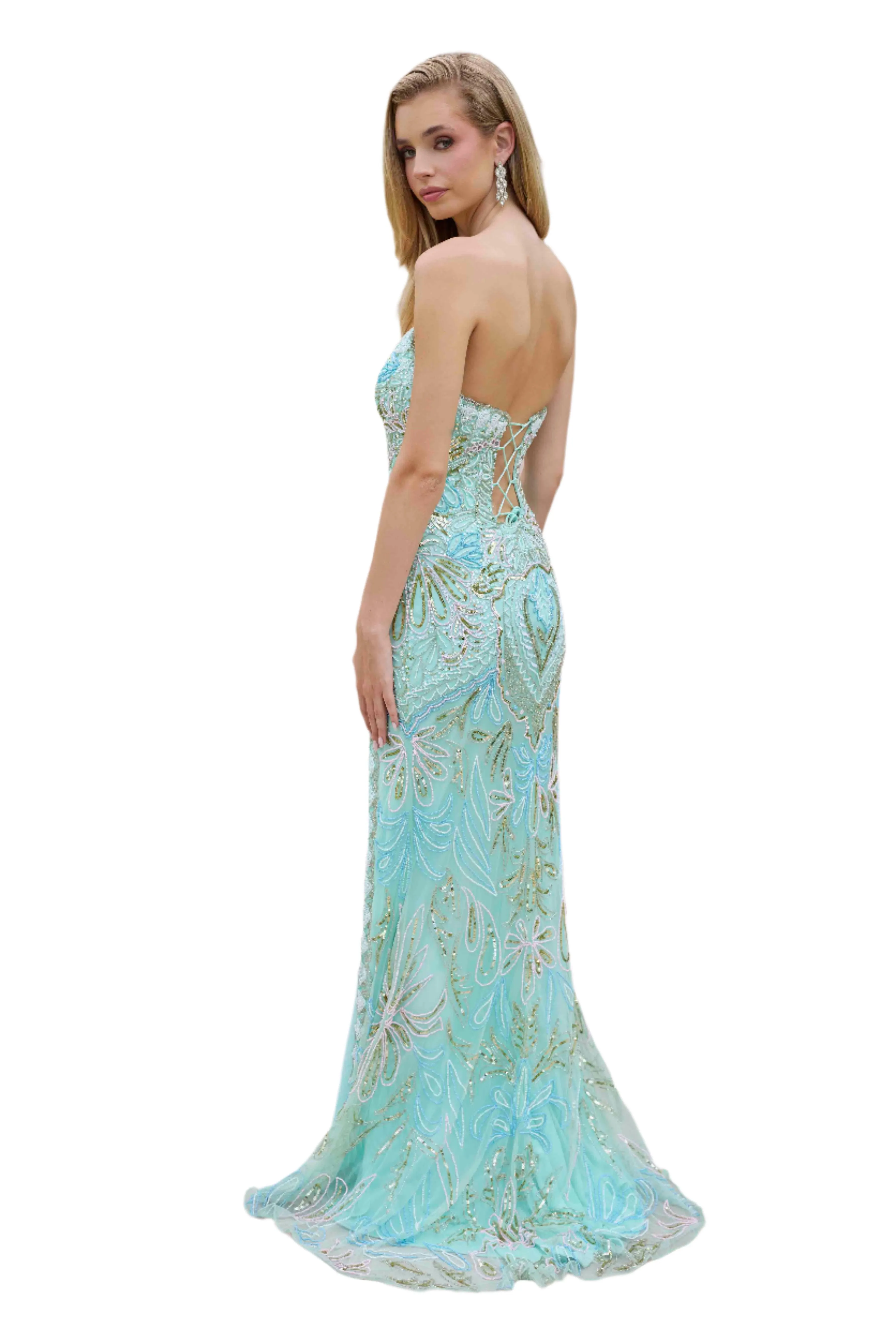 Primavera Couture 4382 Size 4, 10 Mint Long Beaded  Prom Dress Strapless Corset Slit V Neck Formal Evening Gown