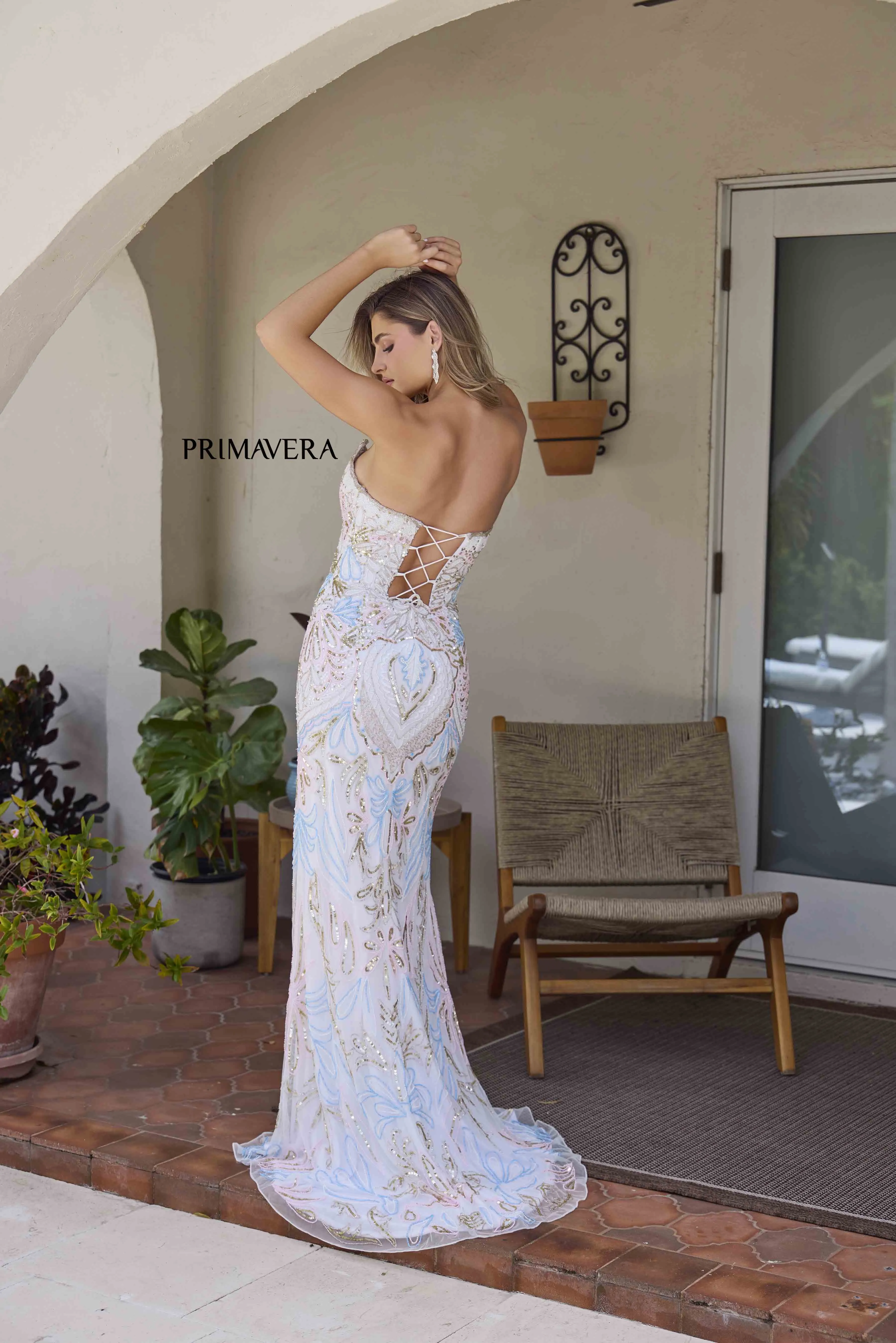 Primavera Couture 4382 Size 4, 10 Mint Long Beaded  Prom Dress Strapless Corset Slit V Neck Formal Evening Gown