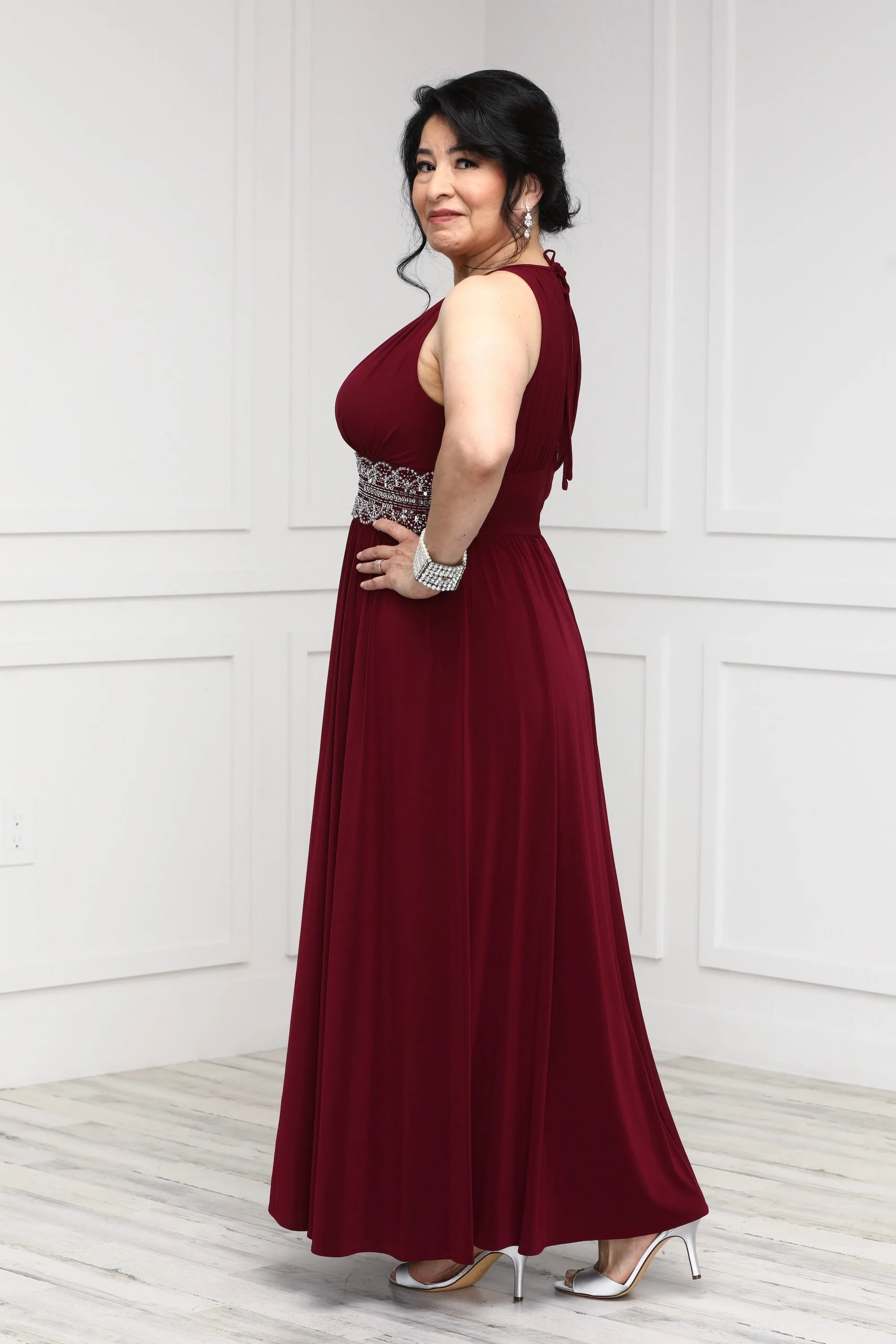 R&M Richards Women's Petite Sleeveless Beaded Designer Evening Gown