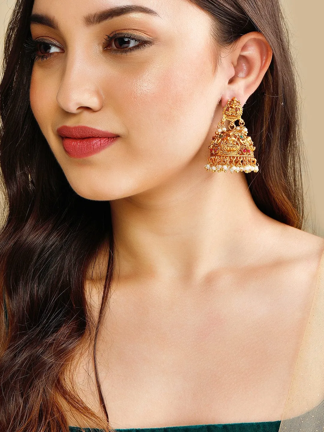 Rubans Gold Plated Divine Lakshmi With Red And Green Stone White Pearls Jhumka Earrings.