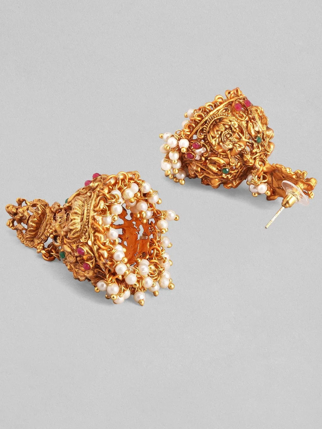 Rubans Gold Plated Divine Lakshmi With Red And Green Stone White Pearls Jhumka Earrings.