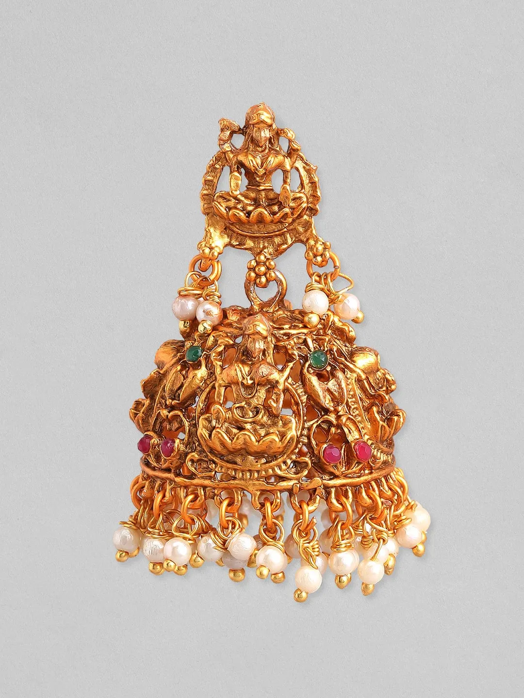 Rubans Gold Plated Divine Lakshmi With Red And Green Stone White Pearls Jhumka Earrings.